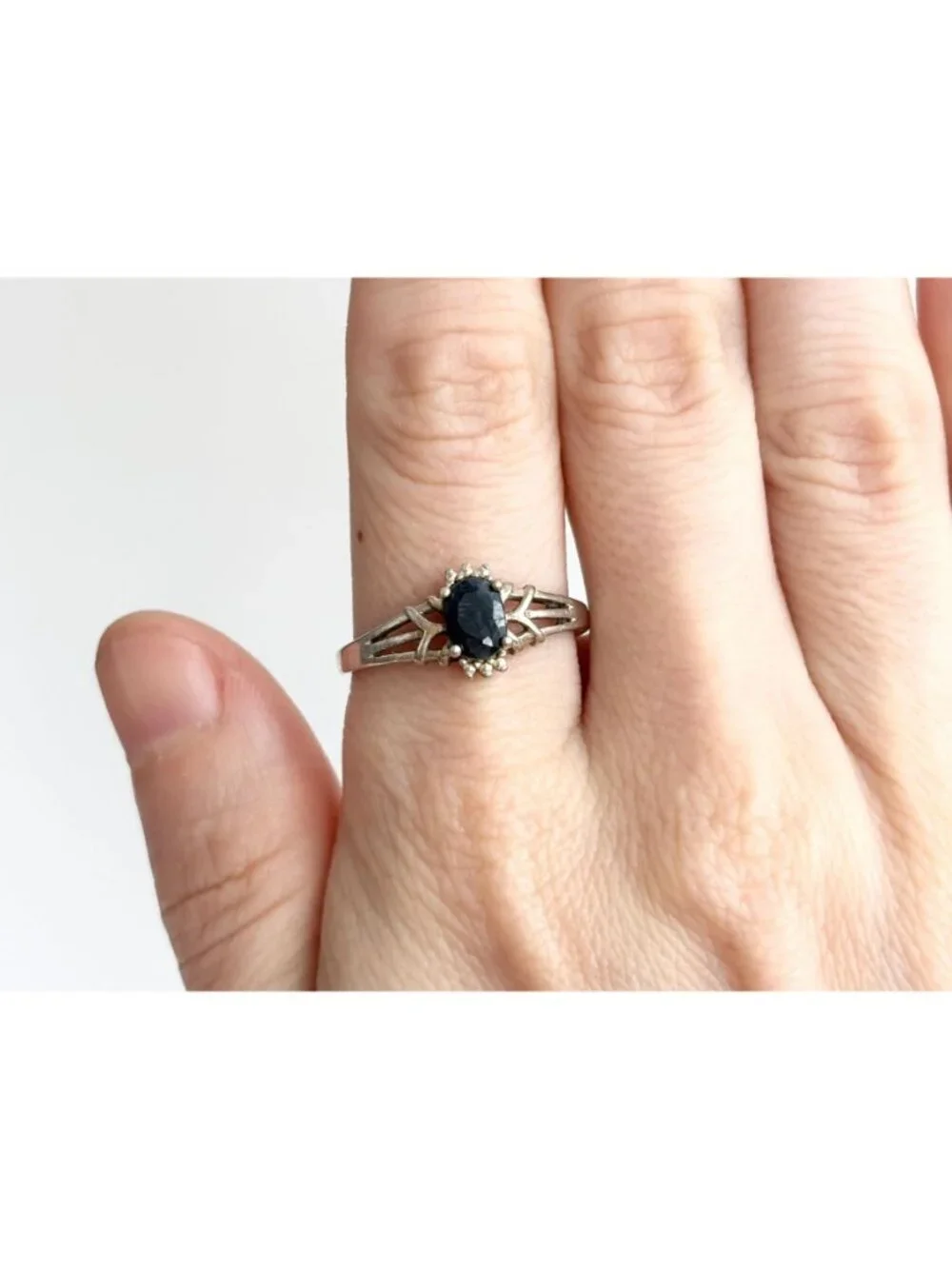 NVC Oval Black Onyx Geometric Art Deco Sterling Silver 925 Vintage Ring - sz 10